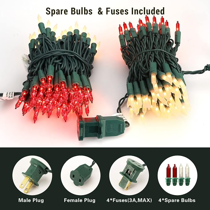 BrizLabs Red & White Christmas Lights, 300 Count 69.6ft Mini Outdoor Lights | Incandescent; Connectable; UL Certified; Waterproof Christmas Light String Plug-in Green Wire Indoor Ourside Xmas Tree Decor