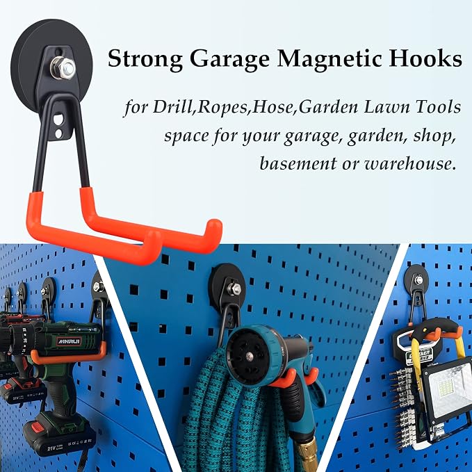 ULIBERMAGNET Magnetic Power Tool Organizer,Cordless Drill Garage Hook Heavy Duty,Large & Strong Manget with Hooks for Garage,Workshop Organization,2 Pack Hooks for Drill,Garden Tool(Orange)