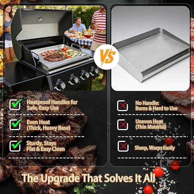 Universal Stainless Steel Griddle For Gas Grill And Gas Stove, 23” X 17” Flat Top Griddle With Handle For Weber, Nexgrill, Charbroils And Kenmore, Gas Griddle For Tailgating, Camping, And Party