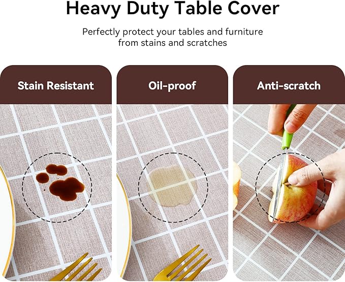 Romanstile Rectangle Vinyl Tablecloth, 100% Waterproof Oil-Proof Checkered Plastic Table Cloth, Heavy Duty Wipeable Table Covers for Dining, Camping, Picnic, Outdoor - 54 x 78 Inch, Sand