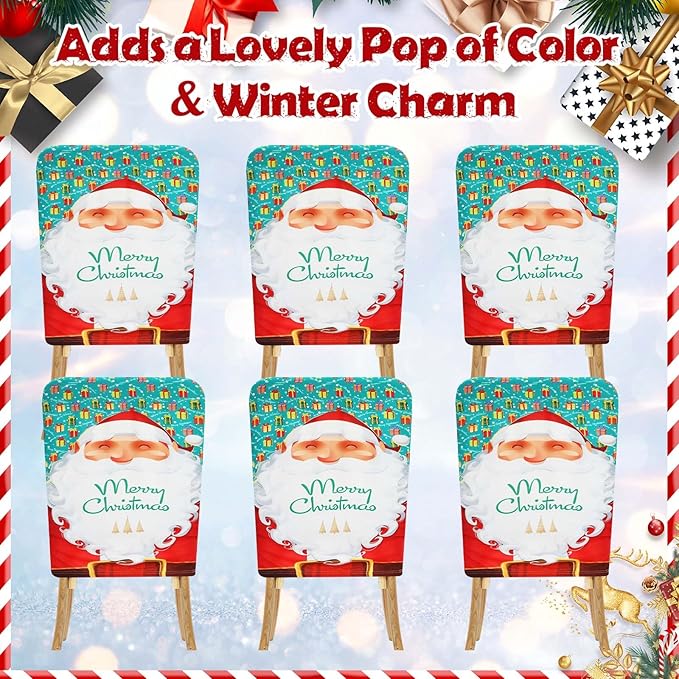 7 Pcs Christmas Tablecloth and Chair Covers Set Stretchable Washable Red Santa Holiday Table Cover and Seat Protector Slipcovers for Xmas Dining Room Kitchen Party(Rectangle,55 x 80 Inch)