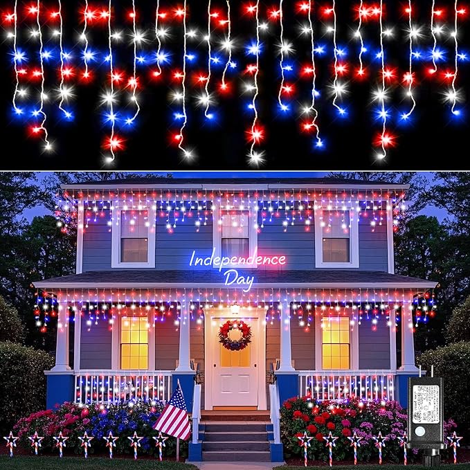 Red White and Blue Icicle Lights for Outside, 4th of July Decorations Independence Day Patriotic Lights, 33ft 400 LED with 75 Drops Clear Wire Connectable for Memorial Day Party Holiday