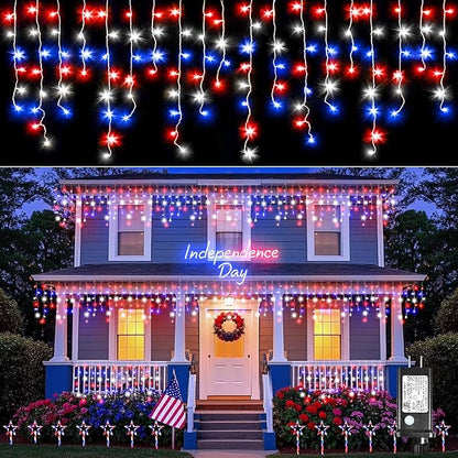 Red White and Blue Icicle Lights for Outside, 4th of July Decorations Independence Day Patriotic Lights, 66ft 640 LED with 120 Drops Clear Wire Connectable for Memorial Day Party Holiday