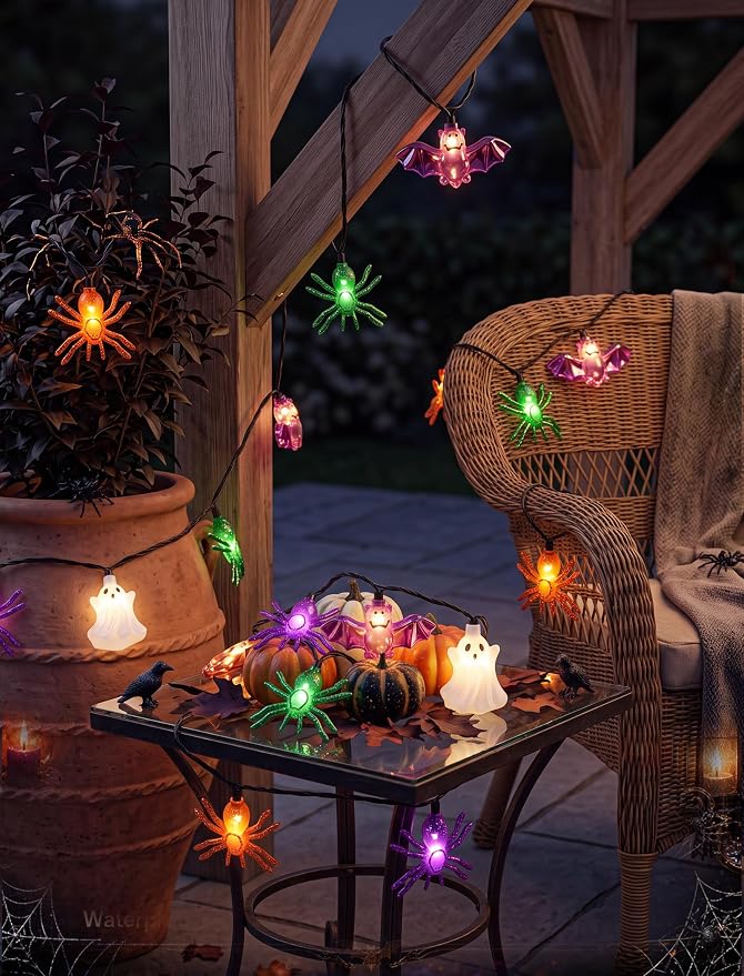10LED Ghost Bat Spider String Lights, 8.5Ft Halloween Decorations Outdoor | End-to-end Connectable, Waterproof & UL Listed, Plug-in Fairy Lights for Home Window Halloween Party Decor, 2700K Warm White