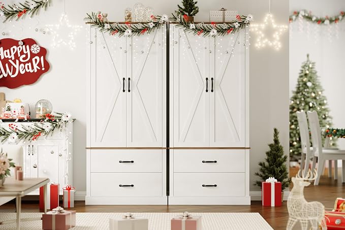 GarveeHome Kitchen Pantry Cabinet, Farmhouse Storage Cabinet with Barn Doors, Drawers and Adjustable Shelves, Versatile Storage for Kitchen, Dining Room, Rustic White