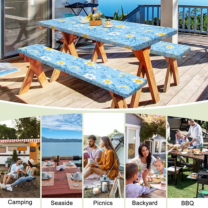 Picnic Table and Bench Cover Set, Waterproof Fitted Elastic Cloth | Portable Camping Essentials With Built-In Storage Pocket And Waterproof Fabric For Outdoor RV Or Picnic Table Use
