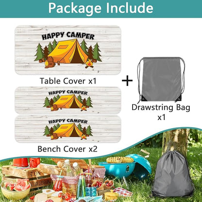 JAWO Happy Camper Picnic Table Cover Set with Bench Covers Camping Theme Tablecloth 8FT Fitted Picnic Table Cover with Elastic Windproof and Waterproof Fabric, Camping Accessories Patio & Outdoor