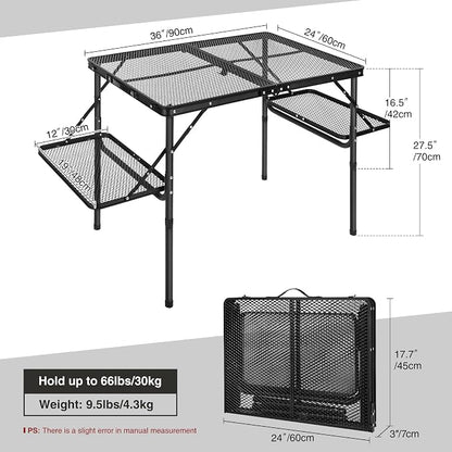 Folding Grill Table with Extension Space, Adjustable Height Portable Large Stand Camp Table for Outdoor Indoor Camping Picnic BBQ, Black with Side Panels