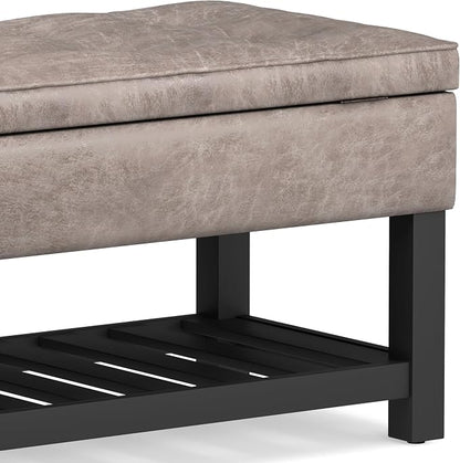 SIMPLIHOME Cosmopolitan Storage Ottoman Bench - 44 inch Wide Upholstered Vegan Leather Rectangle Storage Ottoman in Distressed Grey Taupe, Transitional Bench for Bedroom with Tufted Lift-Top and Shelf