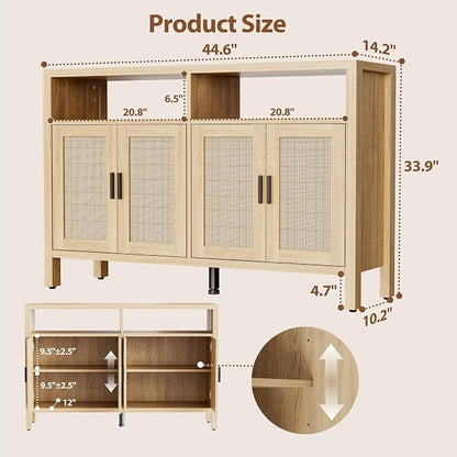 Rattan Buffet Cabinet with Storage, Sideboard with Doors, Console Table, Farmhouse Coffee Bar, Modern Wood Storage Cabinets(Oak 2.0)
