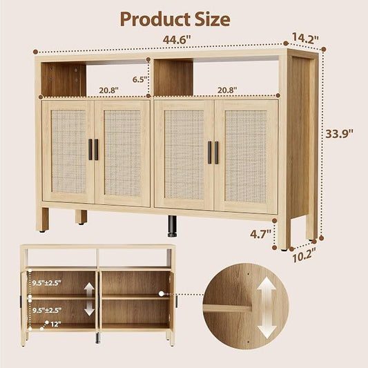 Rattan Buffet Cabinet with Storage, Sideboard with Doors, Console Table, Farmhouse Coffee Bar, Modern Wood Storage Cabinets(Oak 2.0)
