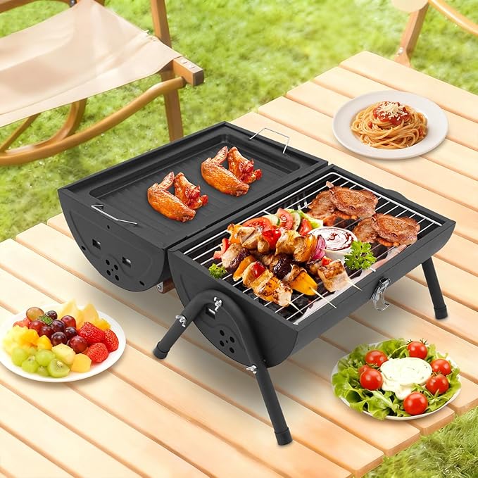 Barbecue Charcoal Barrel Grill, Portable Vertical C-harcoal Smoker G-rill, Outdoor Indoor Hanging BBQ C-harcoal Barrel G-rill with 360° Heated, Built-In Oil and Ash Trays (15.4x16.9in 28 Skewers)