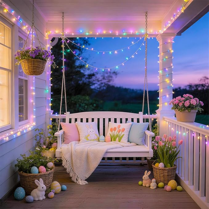 JMEXSUSS 33ft 100 LED Easter Lights Battery Operated, Outdoor Indoor Pastel Lights for Easter, Colorful String Lights for House Porch Yard Garden Tree Decor