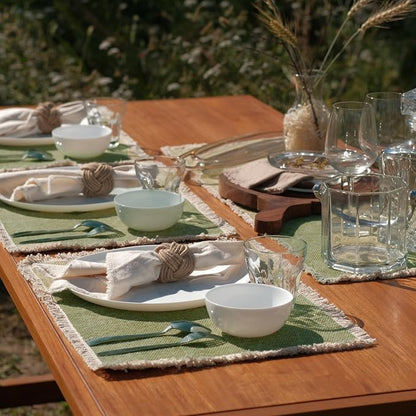 Hausattire Cotton Frayed Placemats Set of 4 Dining Table 14x14 Inch | Rustic Vintage Boho Washable Spring Easter Placemat for Outdoor Parties BBQ's Wedding, Holiday Nubby Cotton - Green
