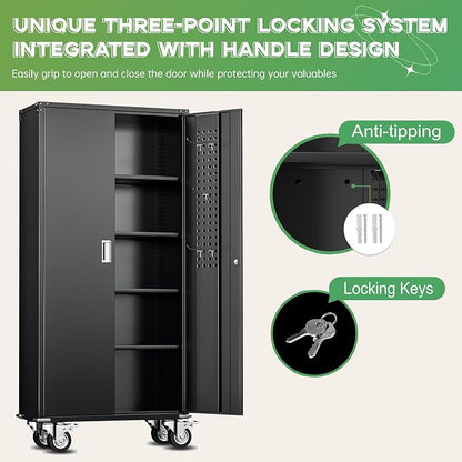 Rolling Metal Cabinet with Wheels, 72" Locking Storage Cabinet with Adjustable Shelves, Large Capacity Pulley Cabinets for Home Office, School, Warehouse(Black)