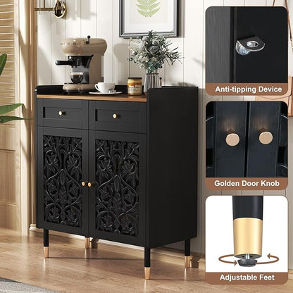 3More Sideboard Buffet Cabinet with Retro Carving Pattern,Kitchen Pantry Storage Cabinet with 1Drawer&2 Doors，Coffee Bar for Living Room,Kitchen,Dining Room,Black