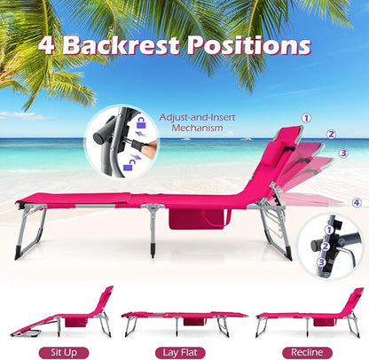 GYMAX Tanning Chair, 3 in 1 Sun Bathing Lounge Chairs with Face/Arm Holes & Side Pocket, Portable Lightweight Face Down Layout Tanning Chair for Outside, Beach, Backyard, Poolside (1, Pink)