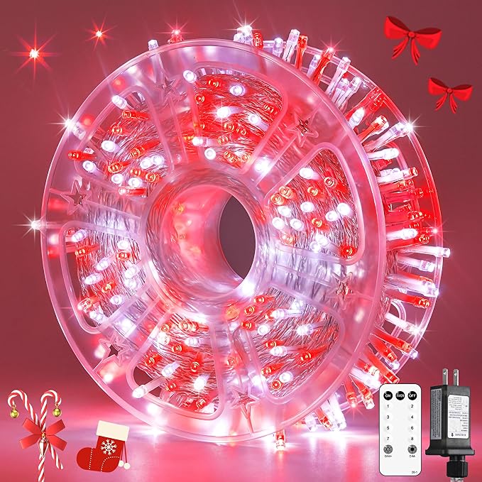 JMEXSUSS 400 LED Red and White Christmas Lights Outdoor with Remote | 132Ft Classroom Lights Indoor for Bedroom Plug in, 8 Modes Christmas Tree Light for Room Party Holiday Xmas Decorations