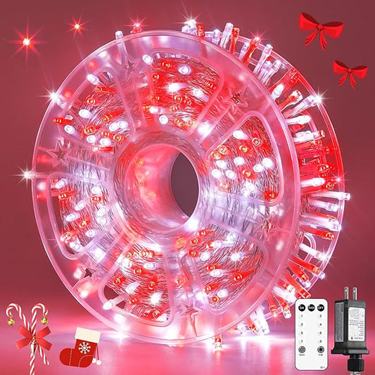 JMEXSUSS 400 LED Red and White Christmas Lights Outdoor with Remote | 132Ft Classroom Lights Indoor for Bedroom Plug in, 8 Modes Christmas Tree Light for Room Party Holiday Xmas Decorations