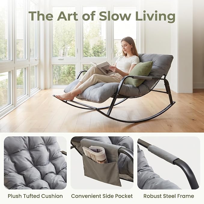 Rocking Papasan Chair, Leather Upholstered Lounge Chair, Gray | Extra-Wide Rocking Chair with Technical Leather Upholstery, Sturdy Frame and Smooth Glide for Indoor / Outdoor Scenes
