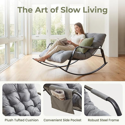 Rocking Papasan Chair, Leather Upholstered Lounge Chair, Gray | Extra-Wide Rocking Chair with Technical Leather Upholstery, Sturdy Frame and Smooth Glide for Indoor / Outdoor Scenes