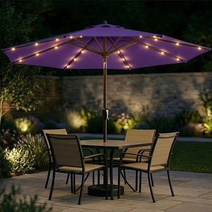 10FT Solar Patio Umbrella with Lights, Outdoor Table Market Umbrella with 32 LED Lights, 8 Sturdy Ribs, Push Button Tilt and Crank for Pool, Deck and Garden, UV-Resistant
