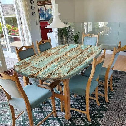 Wood Grain Fitted Oval Tablecloths, Green Rustic Weathered Wooden Planks Windproof Polyester Table Covers, Fits to 48x68 in Tables, Table Cloths for Indoor Restaurant Outdoor Terrace Dining Decor