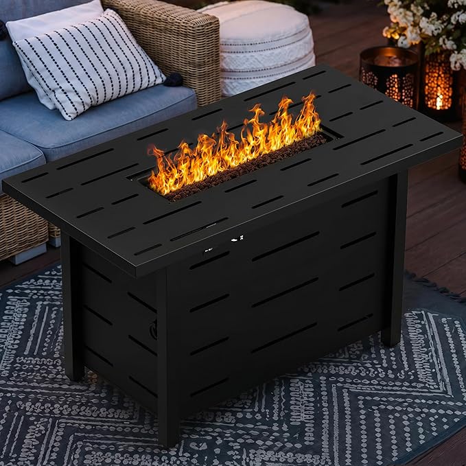 43 Inch Propane Fire Pit Table for Patio & Backyard, 50,000 BTU Steel Gas Fire Pit with Lid & Lava Rocks, Outdoor Table Heater for Deck, Garden, Smokeless Flame