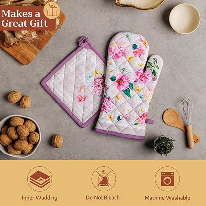 Maison d' Hermine Pot Holders 100% Cotton Heat Resistant Potholders 8" x 8" Hot Pads with Loop BBQ Cooking Baking Hotel Farmhouse Kitchen Handling Hot Pans Spring Summer (Pack of 2, Pivoine)