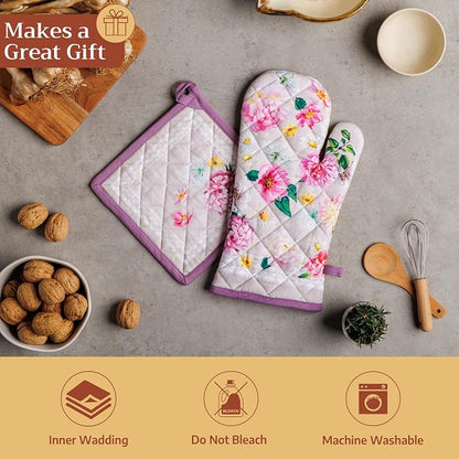 Maison d'Hermine Oven Gloves 100% Cotton Oven Mitt (7" x 13", Pack of 1) | With Loop Heat Resistant BBQ Cooking Gloves Baking Grilling Kitchen Handling Hot Pans Spring Summer - Pivoine