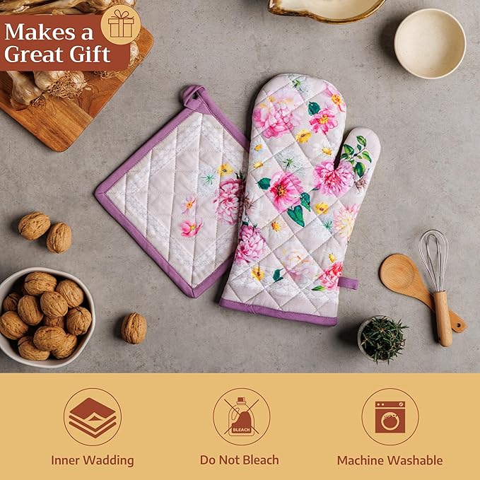 Maison d' Hermine 100% Cotton Oven Mitt & Pot Holder Set (7.5"x13" & 8"x8") Heat Resistant BBQ Cooking Gloves with Loop Baking Grilling Kitchen Hotel Home Farmhouse Spring Summer (Pivoine)