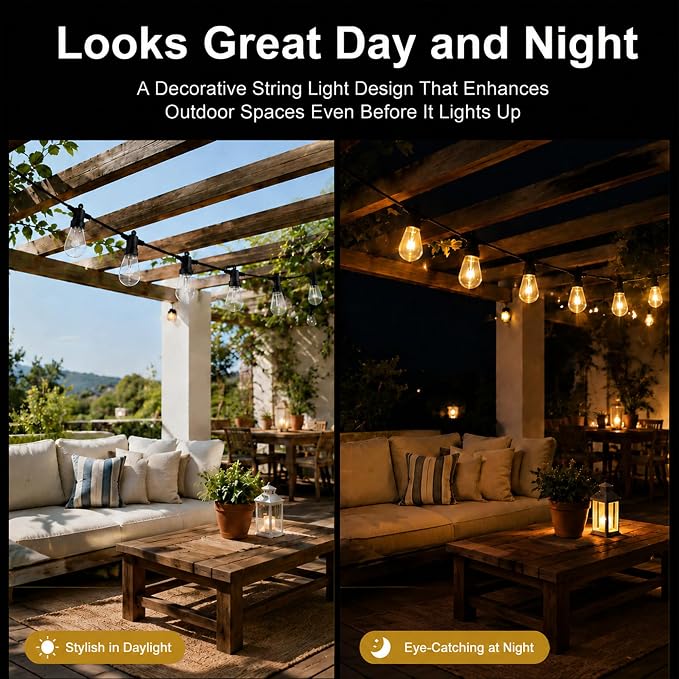 Outdoor String Lights 50FT, RGBW Patio Lights with App & Remote Control | 20 ST14 bulbs, RGBW color modes, app control, remote control, music mode, timer, backyard decor