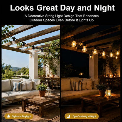 Outdoor String Lights 50FT, RGBW Patio Lights with App & Remote Control | 20 ST14 bulbs, RGBW color modes, app control, remote control, music mode, timer, backyard decor
