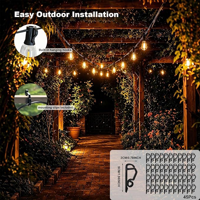 ST38 Outdoor String Lights 100FT, 45 Bulbs, App Remote | 45 LED Bulbs plus 2 Spare; 2700K Warm White; App and Remote; Music Sync; 24V Plug-In; Plastic Bulbs