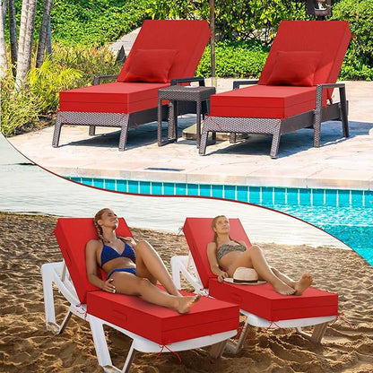 Outdoor Water-Resistant Olefin Chaise Lounge Cushions with Pillow, Weather and Fade Resistant Patio Furniture Lounge Chair Cushion Ideal for Patio, Lawn, Garden, Red, 80" L x 26" W x 5" T