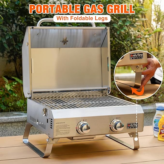 ONLYFIRE GRILLS Tabletop Gas Grill 2 Burners, 20" Portable Propane Grill with Foldable Legs for Outdoor Patio Backyard Camping Tailgating RV Trip Beach, Stainless Steel Gas Stove 16000BTU, GS322