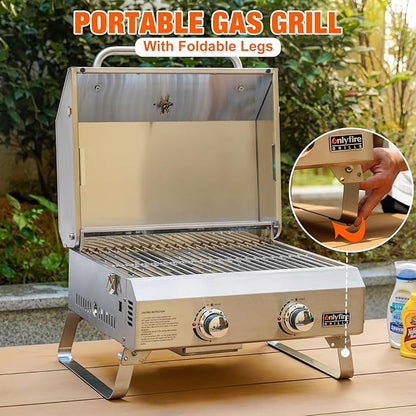 ONLYFIRE GRILLS Tabletop Gas Grill 2 Burners, 20" Portable Propane Grill with Foldable Legs for Outdoor Patio Backyard Camping Tailgating RV Trip Beach, Stainless Steel Gas Stove 16000BTU, GS322