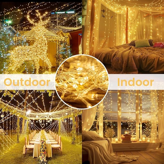 4 Pack String Lights Battery Operated with Timer, 66FT 200 LED Waterproof Battery Twinkle Lights, 8 Modes Fairy Light for Indoor & Outdoor Party Bedroom Porch Tree Christmas Decorations (Warm White)