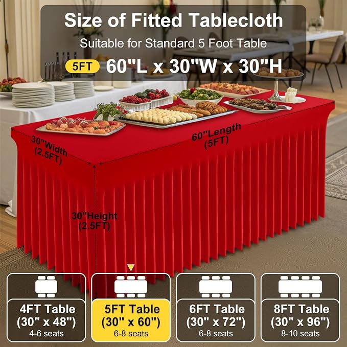 Smiry Spandex Elastic Fitted Table Cloth Skirt for 5FT Rectangle Table | Stretch Washable Table Cloth, Banquet Table Cover for Wedding, Party, Indoor & Trade Shows, (Red, 60Lx30Wx30H)