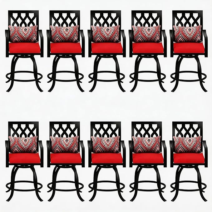 DWVO Metal Outdoor Bar Stools Set of 10, Heavy-Duty Bar Height Outdoor Chairs 352 Lbs Capacity, All-Weather E-Coated Swivel Barstools with Red Cushion & Pillow for Patio Deck Balcony