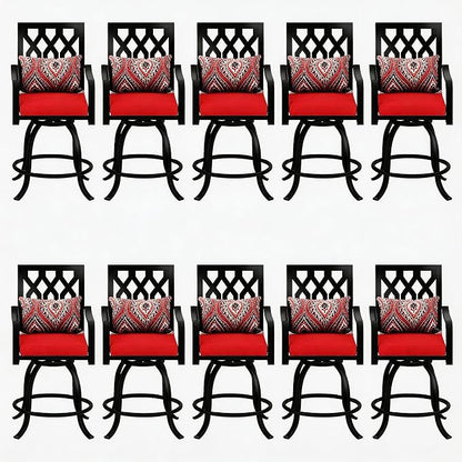DWVO Metal Outdoor Bar Stools Set of 10, Heavy-Duty Bar Height Outdoor Chairs 352 Lbs Capacity, All-Weather E-Coated Swivel Barstools with Red Cushion & Pillow for Patio Deck Balcony