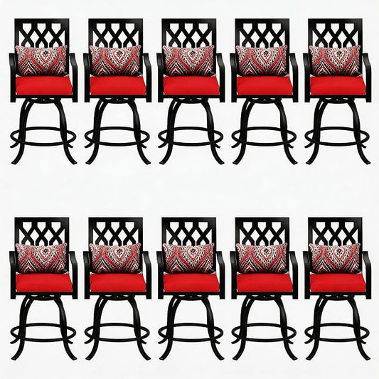 DWVO Metal Outdoor Bar Stools Set of 10, Heavy-Duty Bar Height Outdoor Chairs 352 Lbs Capacity, All-Weather E-Coated Swivel Barstools with Red Cushion & Pillow for Patio Deck Balcony