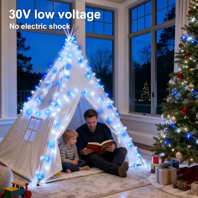 Blue White Christmas Fairy String Lights, 165FT 500L Indoor Outdoor | 8 Modes with Memory, IP65 Waterproof, Clear Wire, Tangle-Free Design for Bedroom Garden Wedding Wall Tree Party