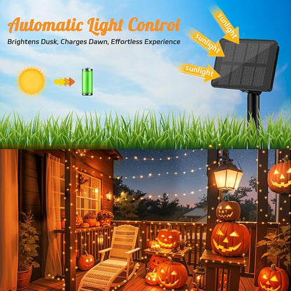 cshare Halloween String Lights Outdoor Waterproof, Orange Solar Fairy Lights 16.4ft 50LED 8 Modes Orange Fall Outdoor Lights for Fall Decor Outside Pathway Patio Party Backyard Decorations (Pack of 2)