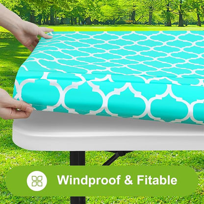 Smiry Picnic Fitted Table Cover, 5 Foot Flannel Backed Vinyl Tablecloth | Waterproof Elastic Stretch Table Cloth, Wipeable Plastic Tablecloth for Camping, Indoor & Outdoor (Teal, 36" x 60")