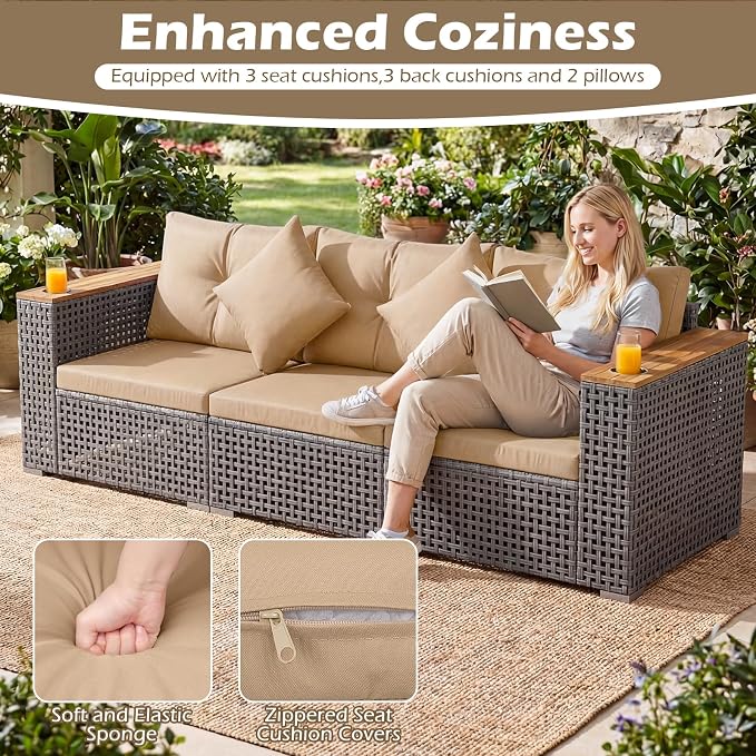 Tangkula 86.5" Large 3-Seat Patio Wicker Sofa, 3 Pieces PE Rattan Sectional Furniture Set with Cup Holder & Wood Armrest, Outdoor Couch Set with Armless & 2 Corner Sofas for Garden, Yard, Porch, Brown