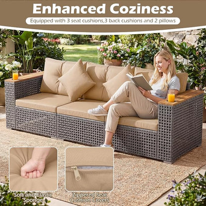 Tangkula 86.5" Large 3-Seat Patio Wicker Sofa, 3 Pieces PE Rattan Sectional Furniture Set with Cup Holder & Wood Armrest, Outdoor Couch Set with Armless & 2 Corner Sofas for Garden, Yard, Porch, Brown