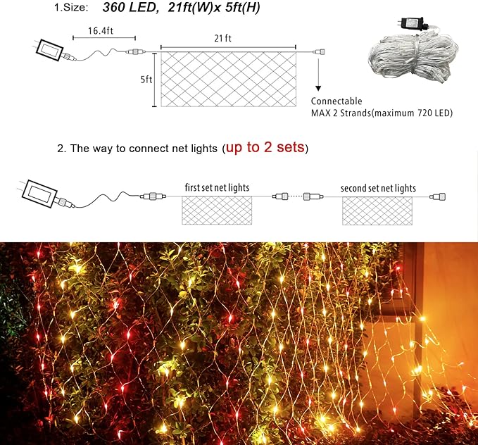 Lovelite 360 LED Net Lights, 21ft x 5ft Colorful Christmas Mesh Lights Clear Wire 8 Modes, Connectable Waterproof String Lights Outdoor for Bushes Tree Garden Holiday Wedding Party - Multicolour
