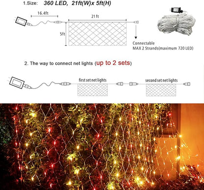 Lovelite 360 LED Net Lights, 21ft x 5ft Colorful Christmas Mesh Lights Clear Wire 8 Modes, Connectable Waterproof String Lights Outdoor for Bushes Tree Garden Holiday Wedding Party - Multicolour