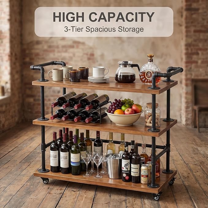 Industrial Pipe Bar Carts, Solid Wood Serving Carts, Rolling Kitchen Carts | Heavy Duty Wine Rack Carts on Wheels with Shelves and Handles, Tea Liquor Shelves/Holder, Bar Furniture for Home